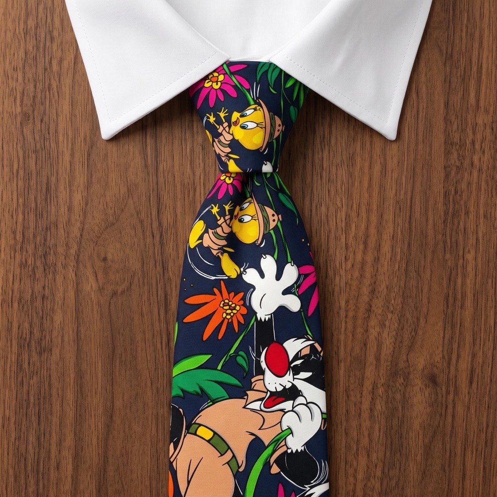 Vintage 1993 Looney Tunes Sylvester Tweety Bird Silk Tie Addiction Floral Navy